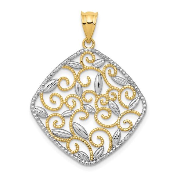 14k Yellow Gold w/Rhodium Diamond-Cut Filigree Swirl Pendant